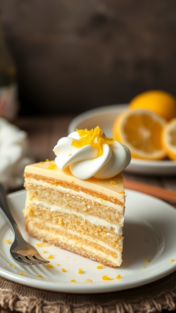 Slice of Torta de Limão on a plate with lemon garnish
