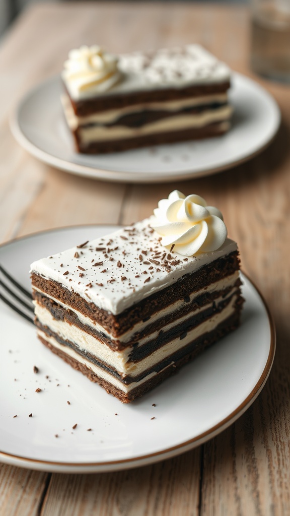 A slice of Torta Holandesa, a layered dessert with cream and chocolate layers, garnished with whipped cream and chocolate shavings.