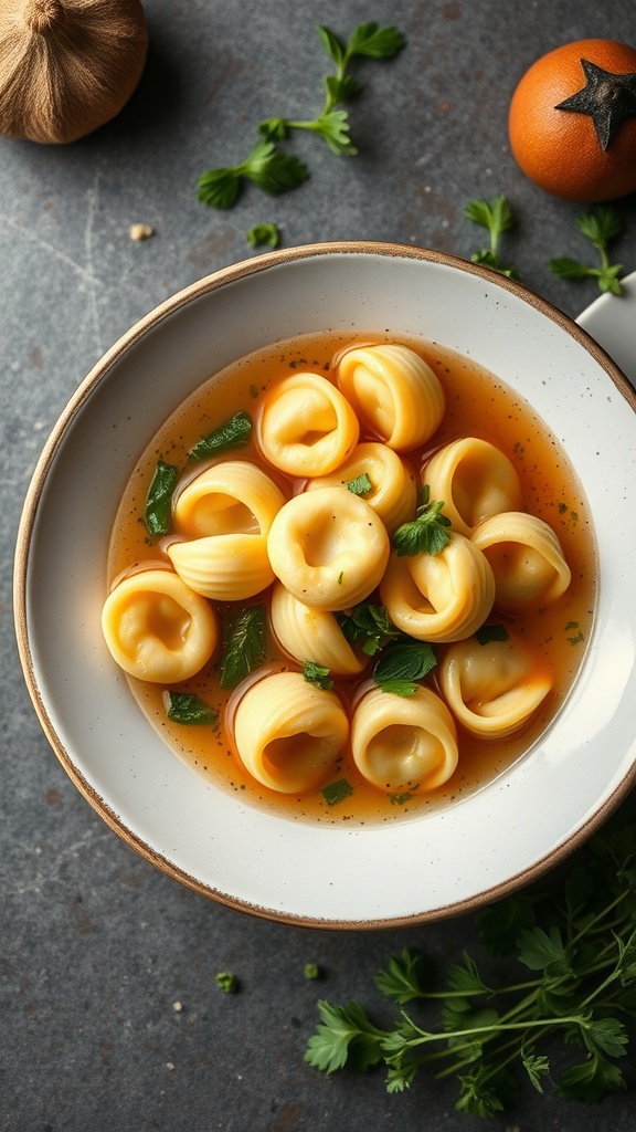 A bowl of tortellini in broth with garnishes.