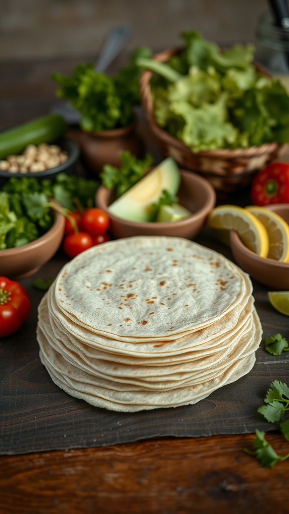 Close-up of stacked tortillas with vegetables and toppings in the background