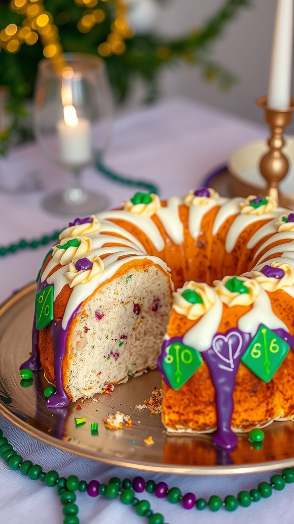 Traditional King Cake decorated with colorful icing for Mardi Gras