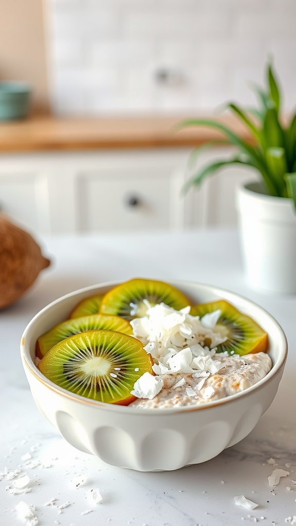 A bowl of tropical coconut chia oats topped with fruit and coconut flakes.