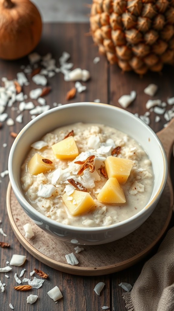 A bowl of tropical coconut oatmeal topped with pineapple and shredded coconut.