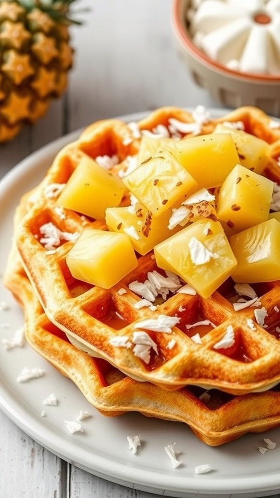 Plate of Tropical Coconut Waffles topped with pineapple and shredded coconut