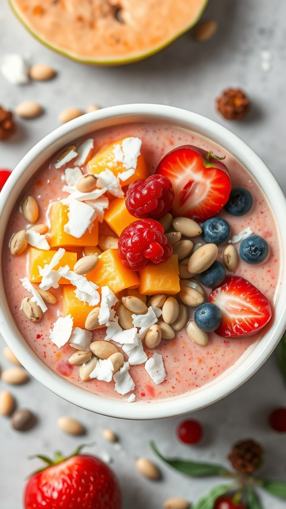 A colorful tropical smoothie bowl topped with fresh fruits and seeds.