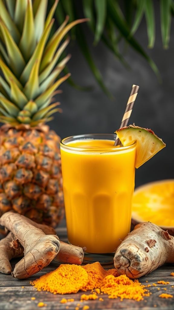 A refreshing glass of Tropical Turmeric Tonic with pineapple and turmeric roots