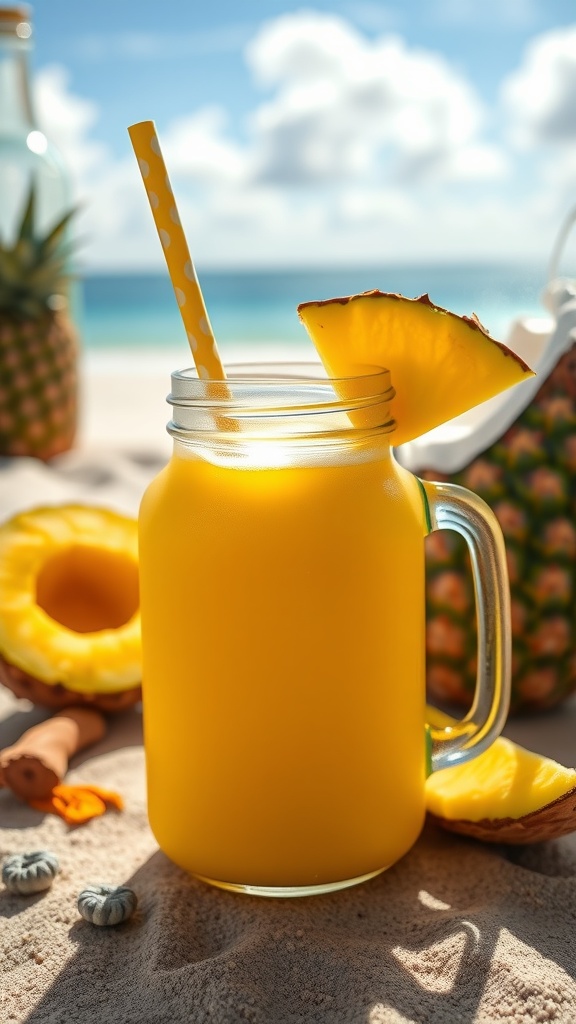 Refreshing tropical turmeric juice in a mason jar with a pineapple slice and straw