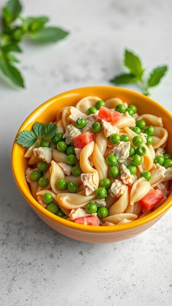 Bowl of tuna pasta salad with peas and tomatoes