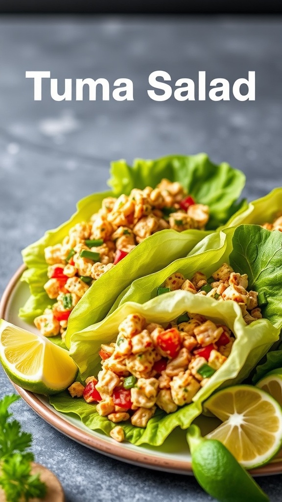 Tuna salad lettuce wraps with vegetables and lime