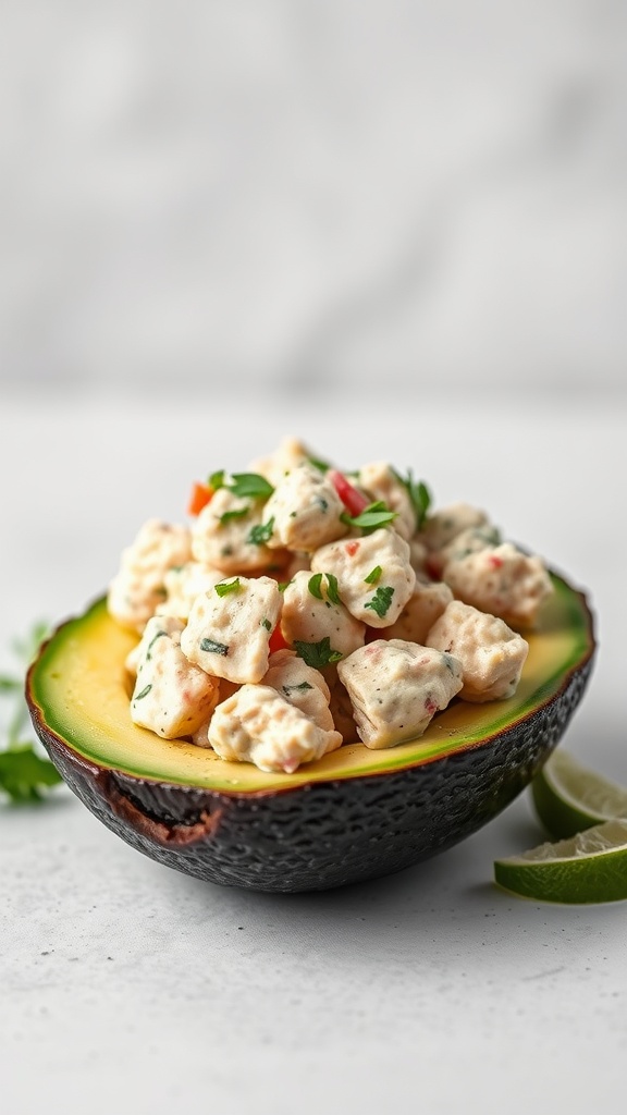 A healthy tuna salad stuffed into avocado halves, garnished with fresh herbs.