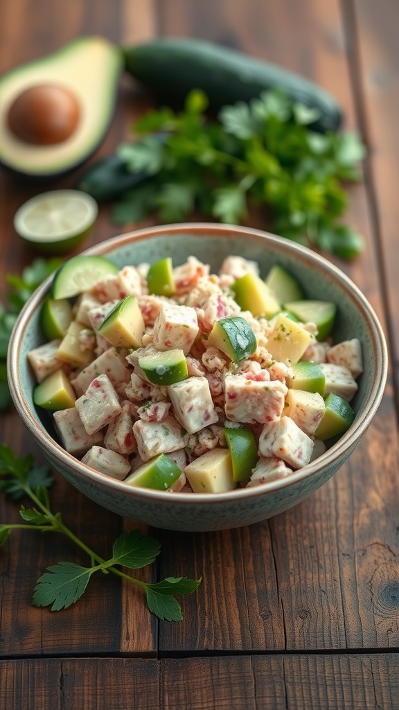 A bowl of tuna salad with avocado and cucumber