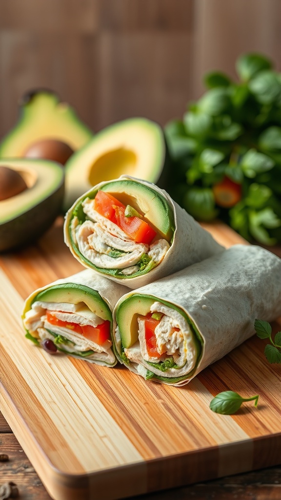 A healthy turkey and avocado wrap cut in half, showcasing layers of turkey, avocado, lettuce, and tomato.