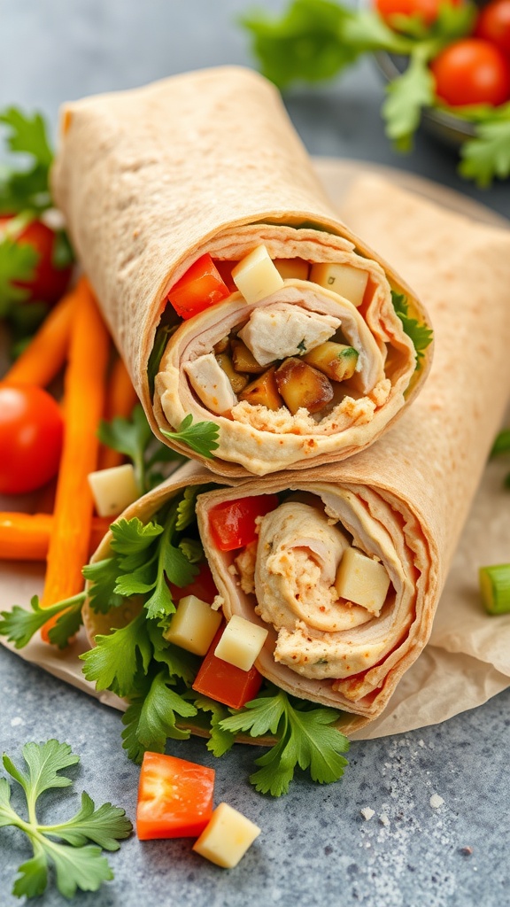 A turkey and hummus wrap with fresh vegetables wrapped in a tortilla.