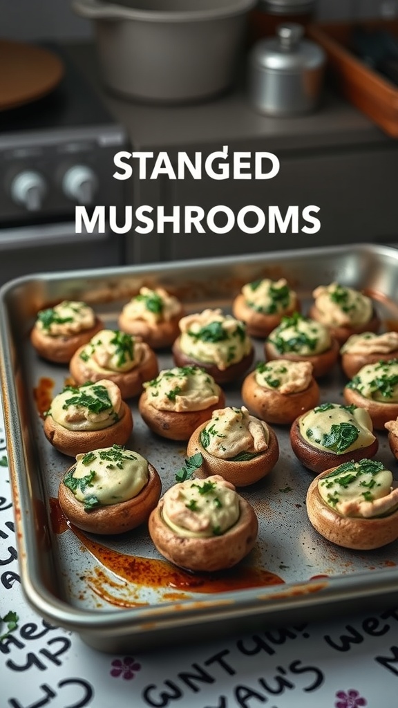 A tray of turkey and spinach stuffed mushrooms, garnished with herbs.