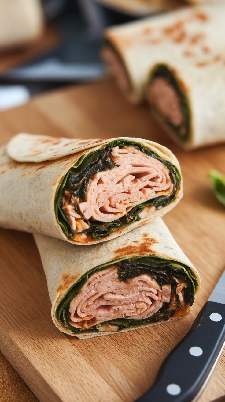 Turkey and spinach wrap on a wooden cutting board