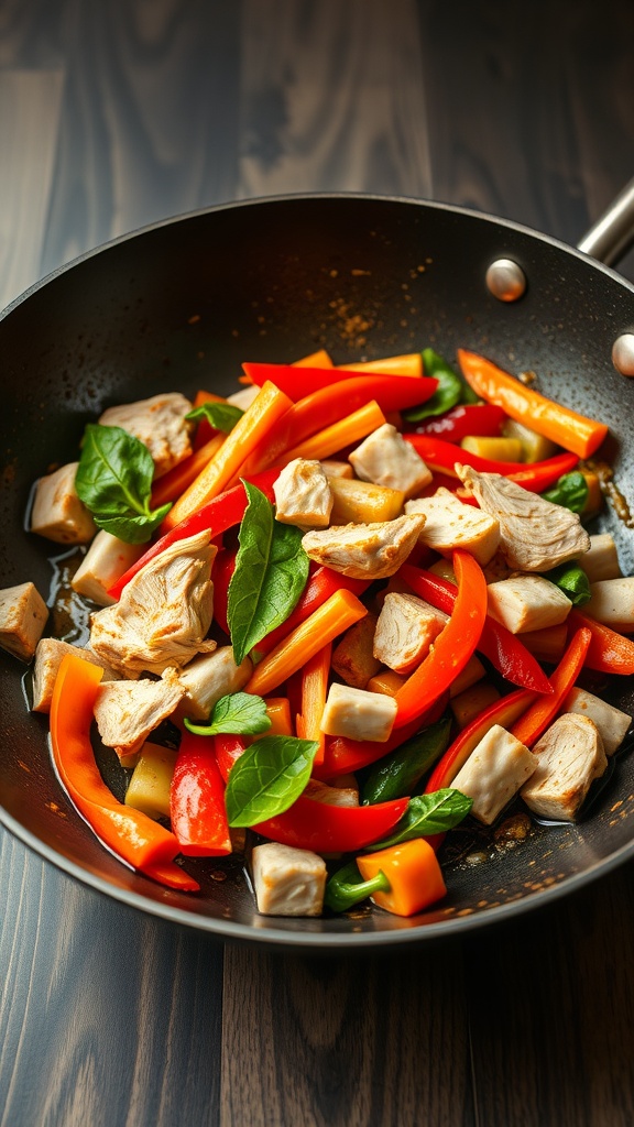 A colorful turkey and vegetable stir-fry in a skillet