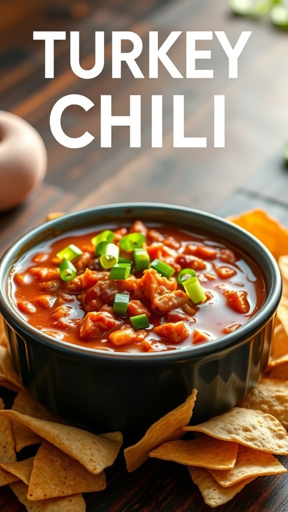 A bowl of turkey chili topped with green onions, surrounded by tortilla chips.