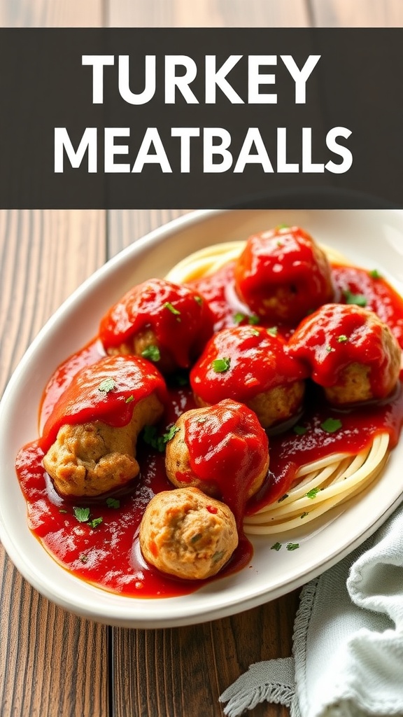 A plate of turkey meatballs in marinara sauce served with spaghetti.