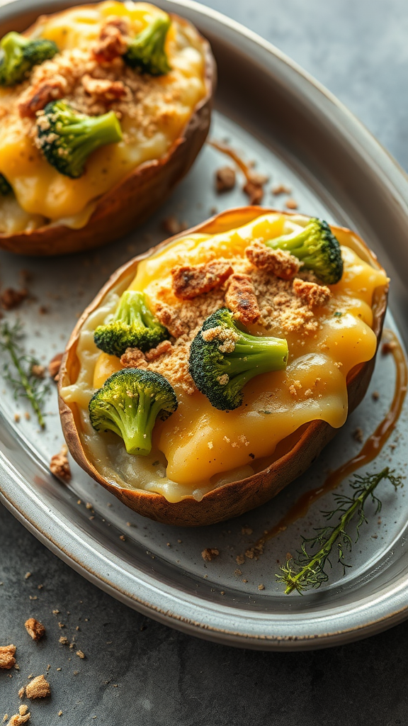 Delicious twice-baked potatoes topped with melted cheese and broccoli.