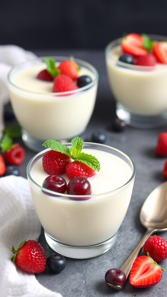 Delicious vanilla bean panna cotta served in small cups with mixed berries and mint on top.