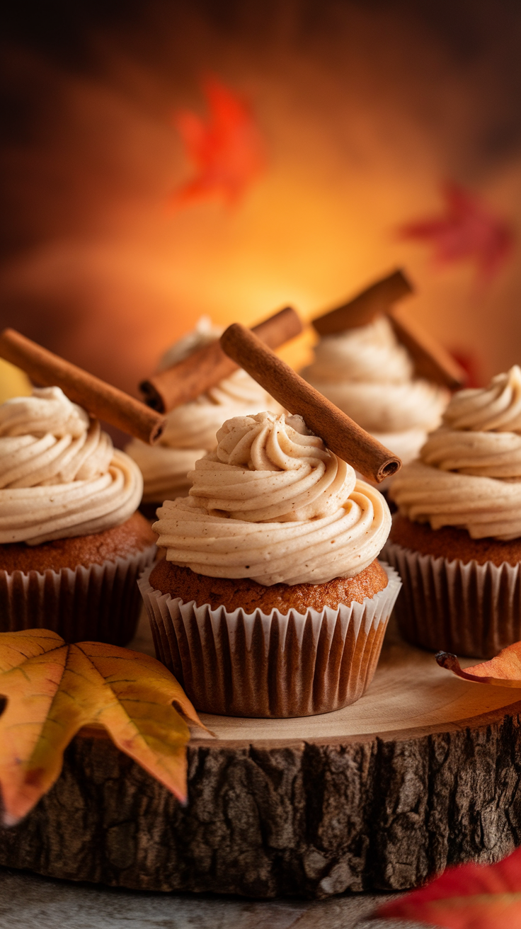 Delicious Vanilla Chai Pumpkin Spice Latte Cupcakes with cinnamon sticks