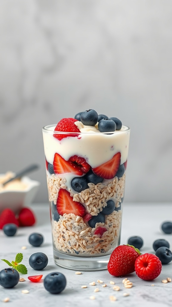 A refreshing vanilla yogurt berry parfait layered with oats and fresh fruits.