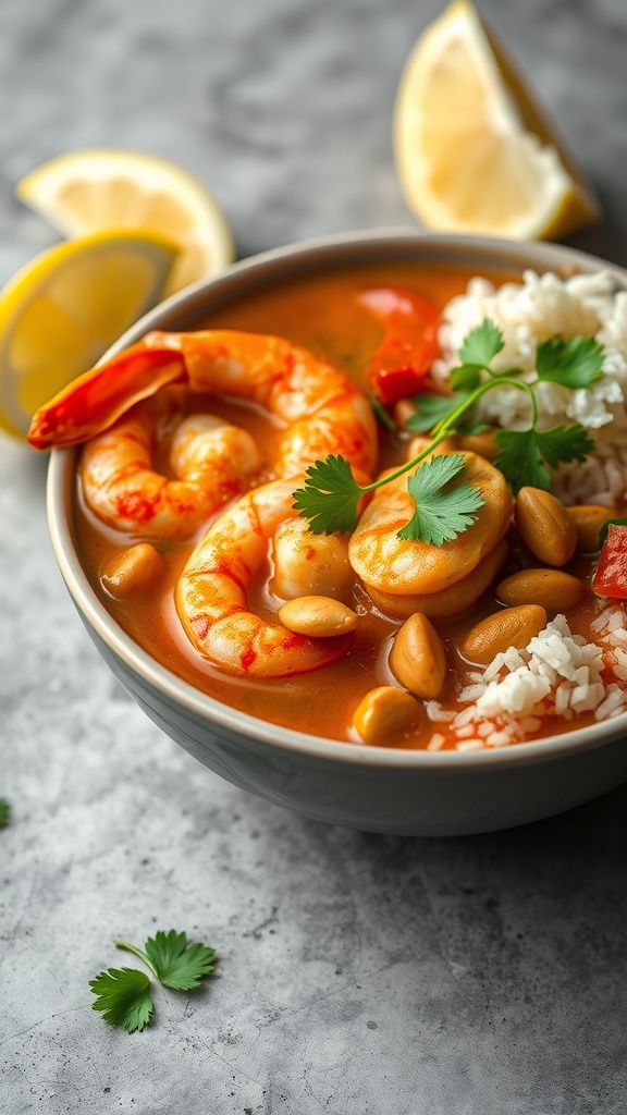 A bowl of creamy shrimp dish with rice and garnishes.