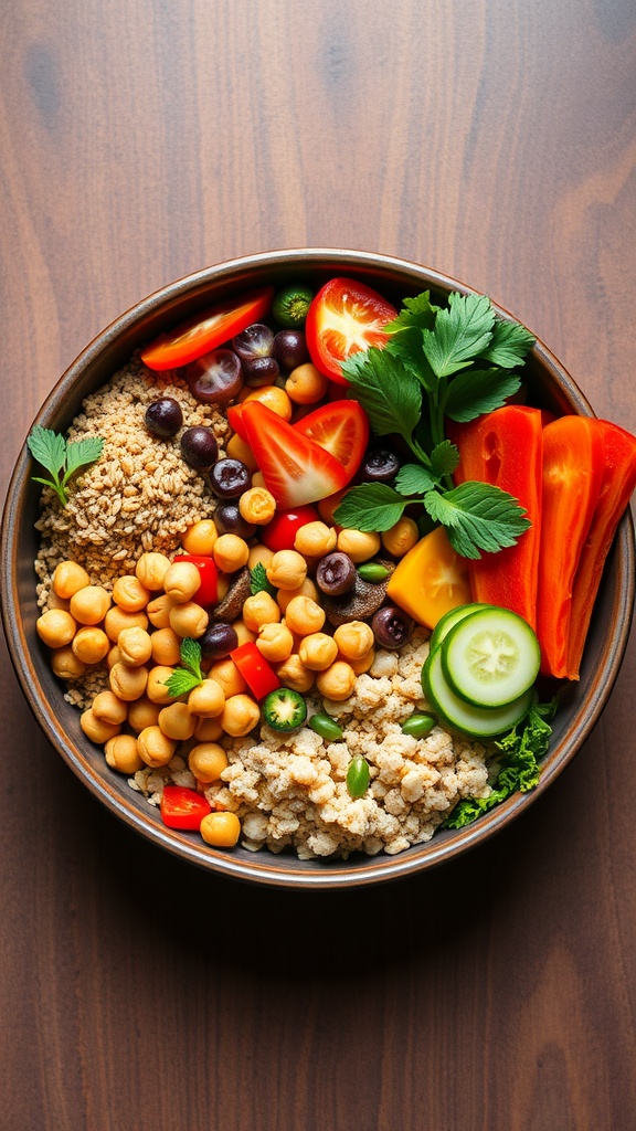A colorful Vegan Buddha Bowl with quinoa, chickpeas, fresh vegetables, and herbs.