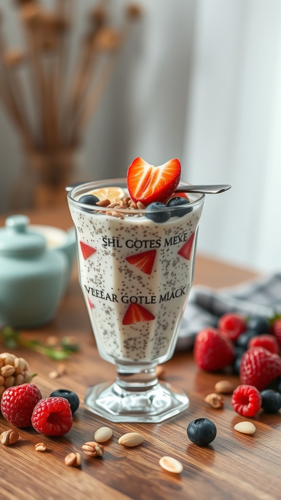 A glass of vegan chia seed pudding topped with fresh fruits and nuts.