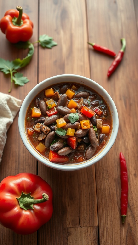 Bowl of vegan chili with kidney beans and peppers on a wooden table