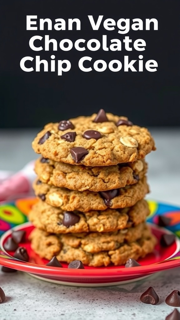 Delicious vegan chocolate chip cookies stacked on a colorful plate.