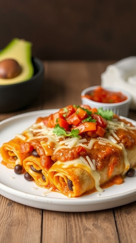 Plate of vegetable and bean enchiladas topped with sauce and fresh vegetables
