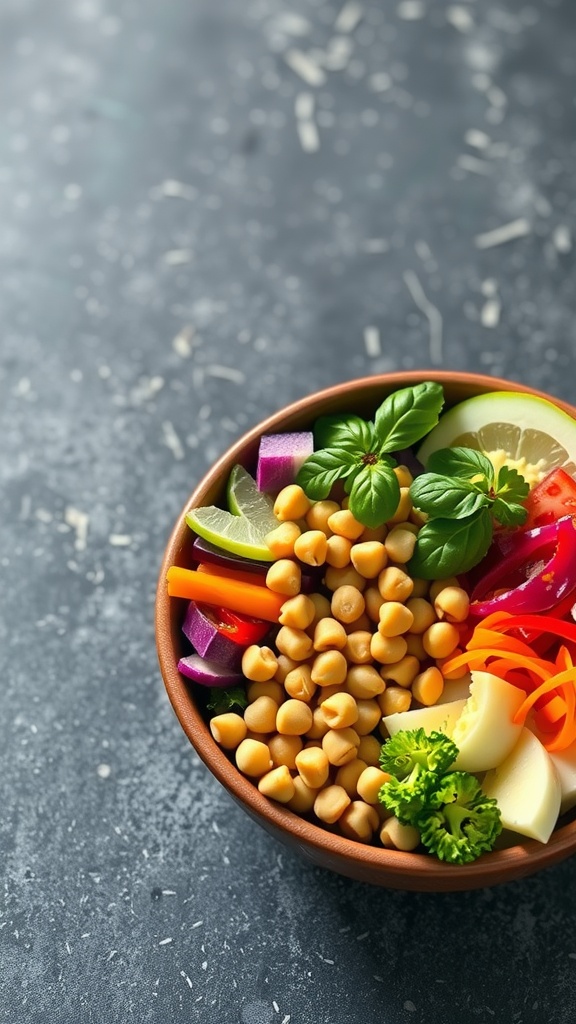 A colorful vegetable and chickpea Buddha bowl filled with fresh ingredients.