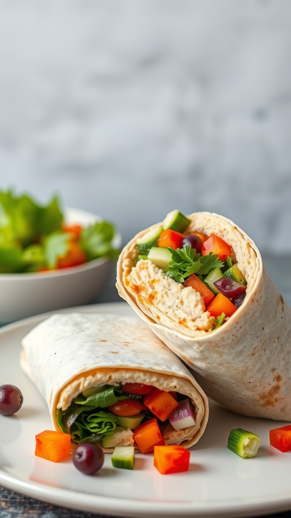 A delicious vegetable and hummus wrap filled with fresh veggies.