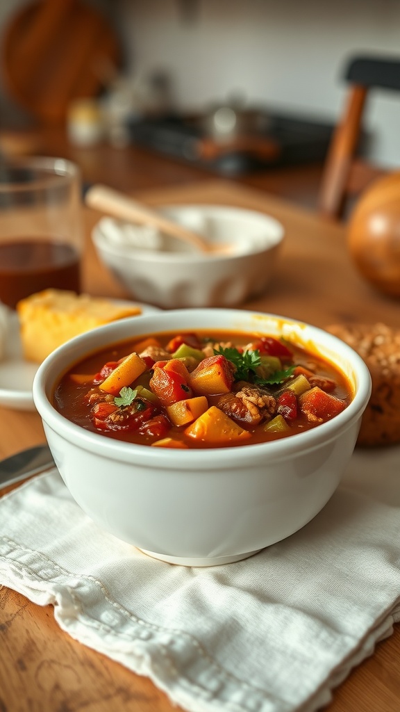 A comforting bowl of vegetable chili with a side of cornbread.