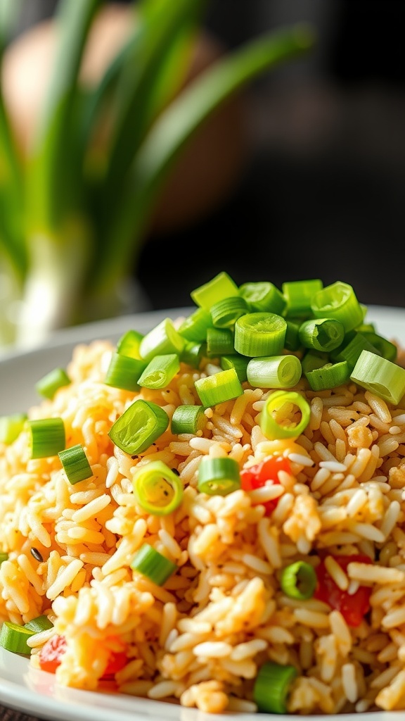 A plate of colorful vegetable fried rice topped with chopped green onions.