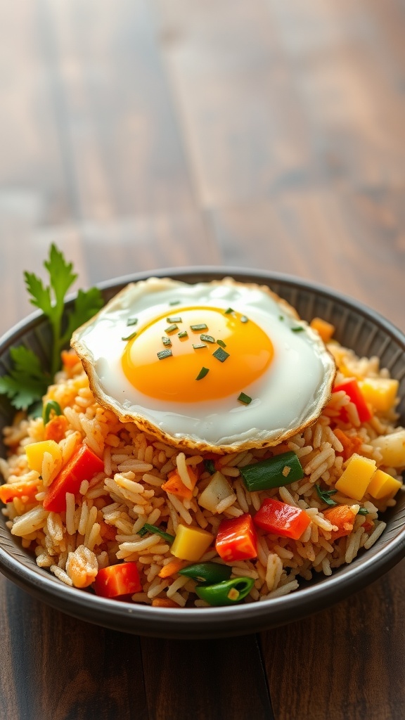 A bowl of vegetable fried rice topped with a fried egg and garnished with chives.