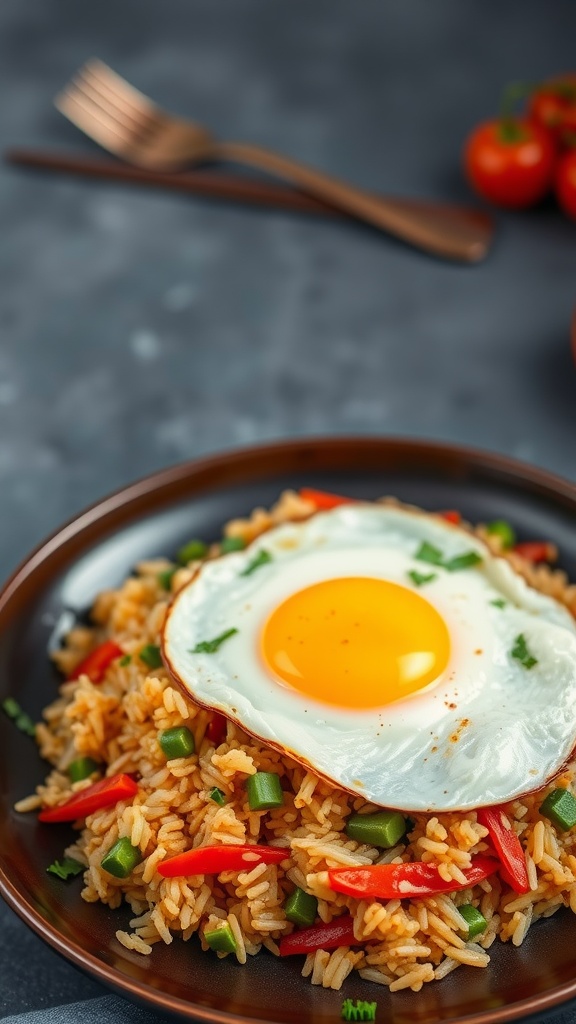 A plate of vegetable fried rice topped with a sunny-side-up egg.