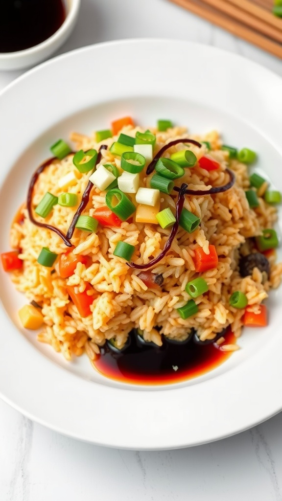 A plate of vegetable fried rice topped with green onions and served with soy sauce.