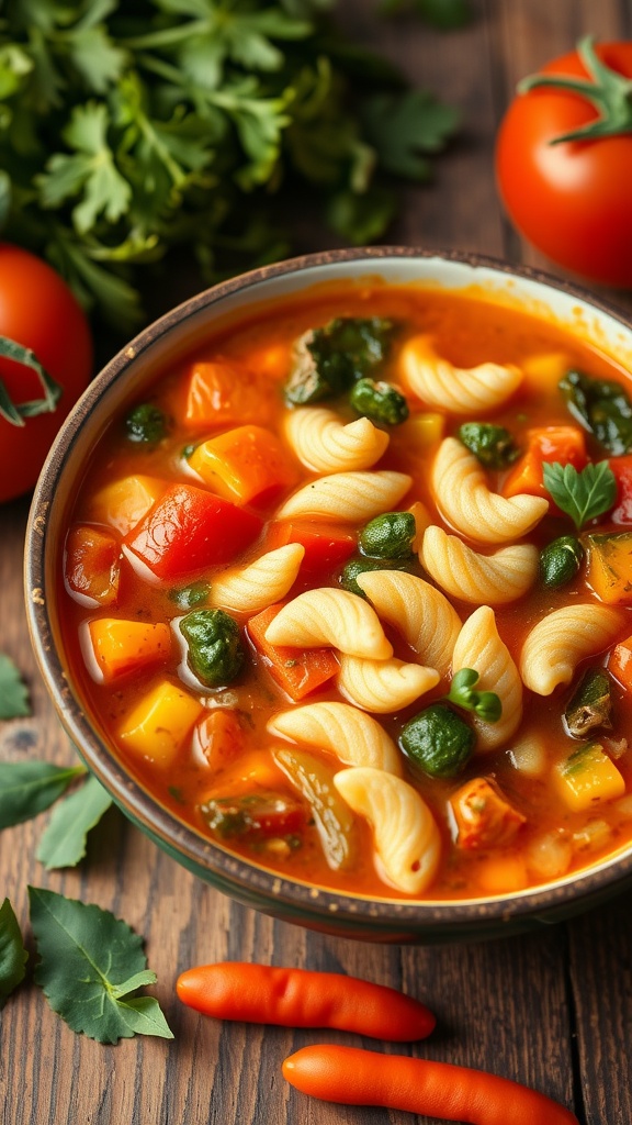 A bowl of colorful vegetable minestrone soup with pasta and fresh vegetables.