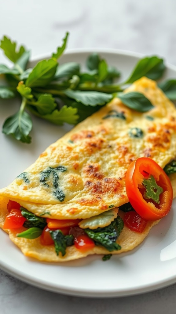A delicious vegetable omelette with spinach, tomatoes, and herbs.
