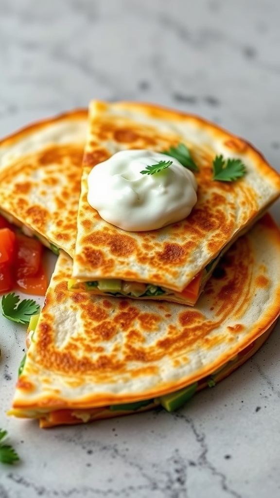 Delicious vegetable quesadillas with a side of sour cream and fresh ingredients