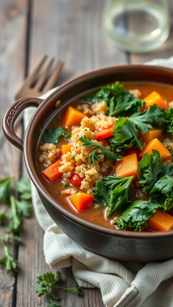 A warm bowl of Vegetable Quinoa Stew with Kale, featuring colorful vegetables and quinoa.