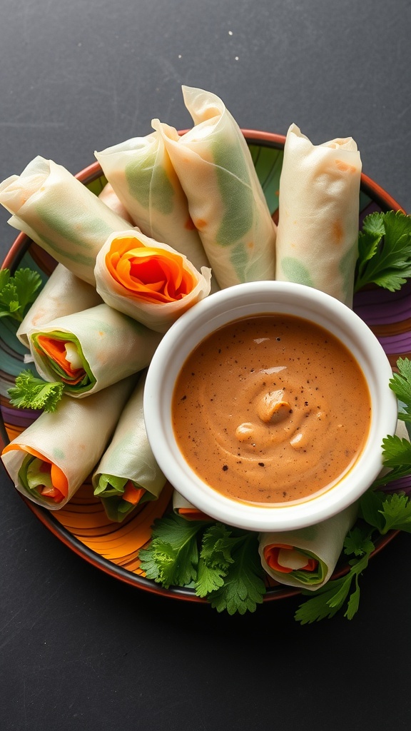 A plate of fresh vegetable spring rolls with vibrant colors and a bowl of rich peanut sauce.