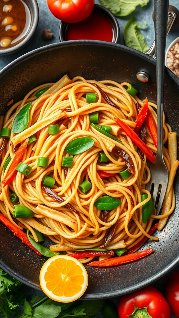 A colorful vegetable stir-fry with noodles, featuring bell peppers, broccoli, and green onions in a stir-fry pan.