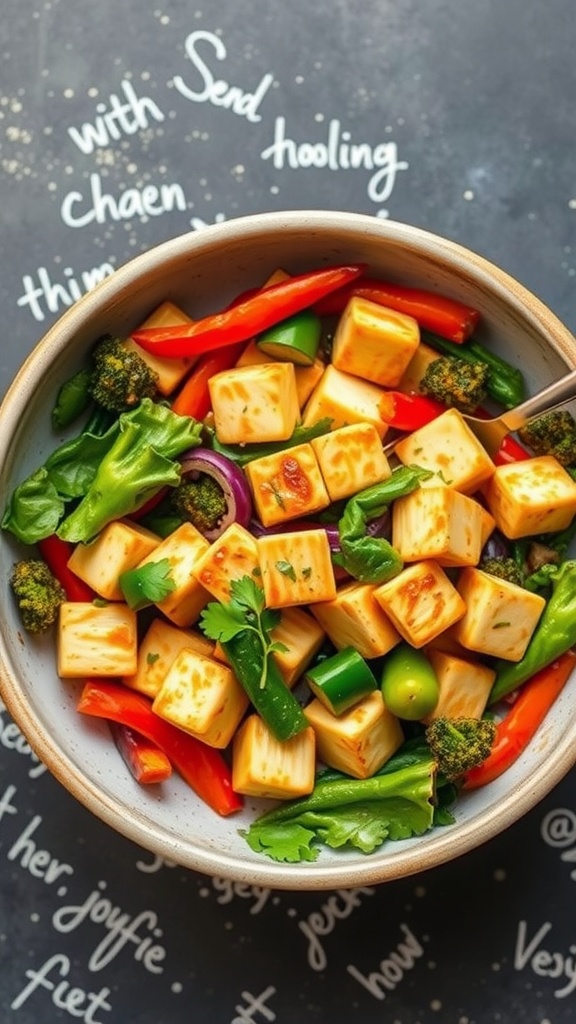 A bowl of vegetable stir-fry with tofu, featuring colorful peppers, broccoli, and green vegetables.