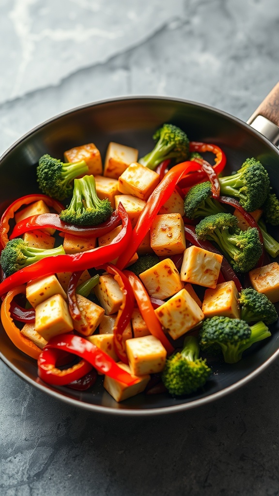A colorful vegetable stir-fry with tofu in a pan.