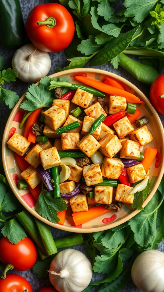 A vibrant vegetable stir-fry with tofu, showcasing a variety of colorful vegetables.