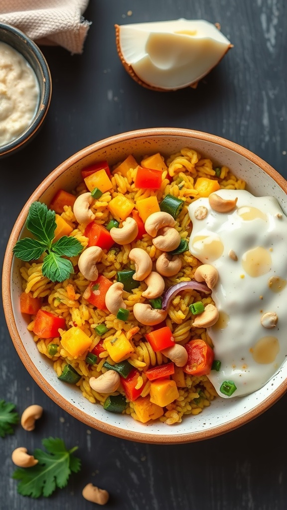 A bowl of Vegetable Upma garnished with cashews and served with yogurt.