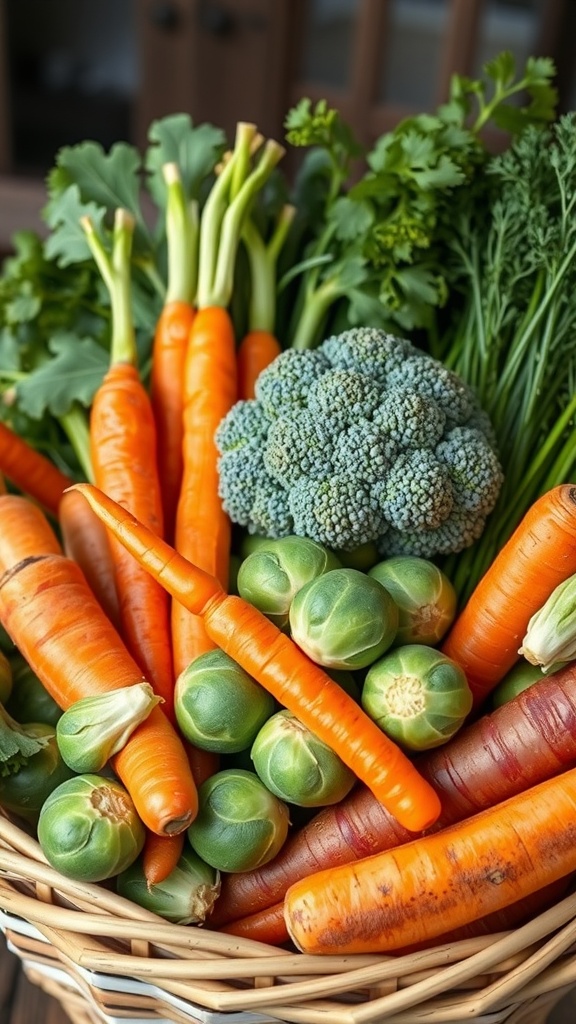 A basket filled with vibrant carrots, broccoli, and Brussels sprouts.